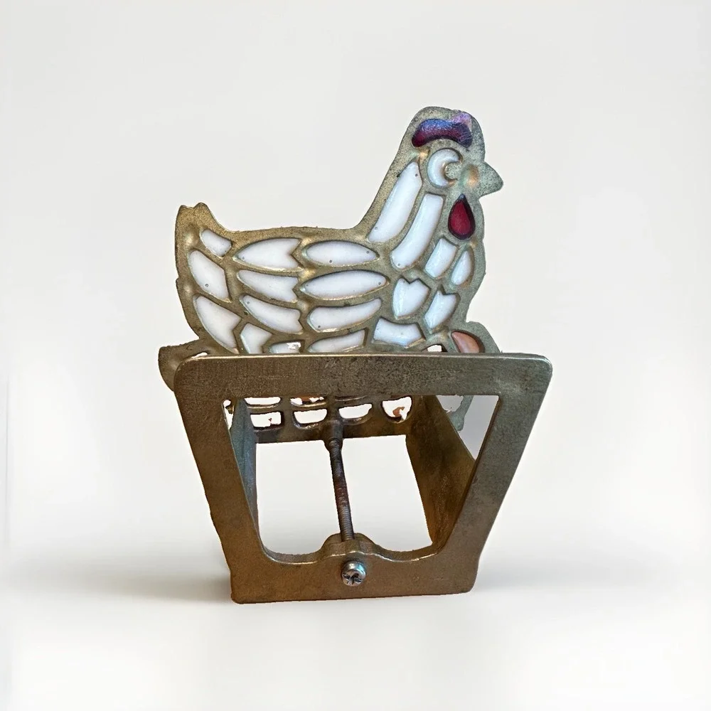 Vintage Chicken Hen Stained Glass Brass Napkin Holder Letter Coaster Holder